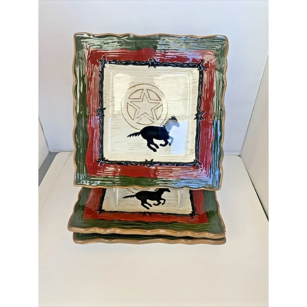 3 Sonoma Happy Trails 8” Square Salad Plates western style horse cowboy star